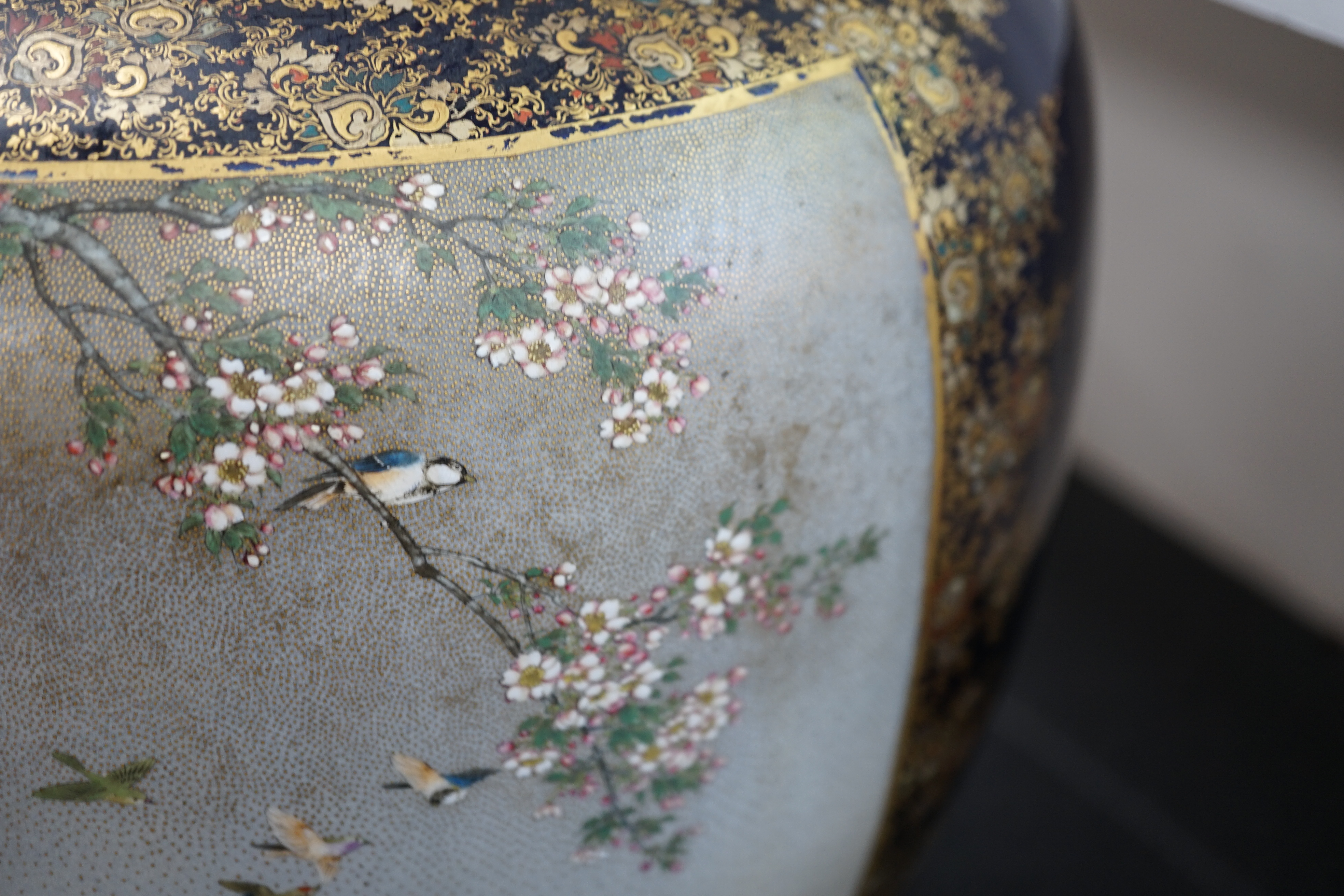 An exhibition size Japanese Satsuma pottery vase, by Kinkozan, Meiji period, star crack to one side